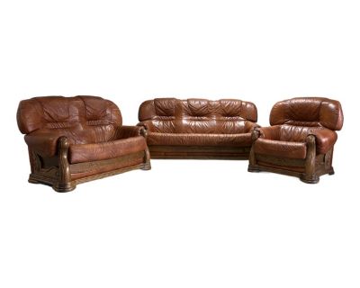 Elegant European design in this sofa set. Likely Dutch or German, the oak frames hold the form-fitted leather cushions snugly and make for light manufacturing yet durable and resilient structure. The cushions have seen better days and we re selling this set with reupholstery in mind. Sofa 79 w 37 d 37 h 17 seat h 21 seat d 22 arm h Chair 39 w, rest the same Loveseat 55 w, rest the same. Dimensi...