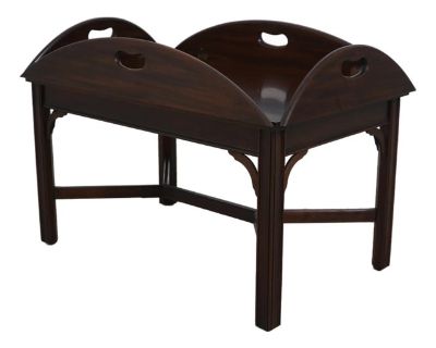 Age: Approx: 40 Years Old Details: Finish No.29 Model 5212 Mahogany High Quality Construction 18 C. Design Chippendale Style Butler Style Coffee Table Solid Brass Hardware Stretcher Base Frame - X Fluted Straight Legs Offered @ Fraction Original Retail Cost Condition: Excellent Original Finish & Condition Size: 33w x 21d x 23h 5 inch fold down sides. Dimensions 33 W 21 D 23 H Styles Chippendale...