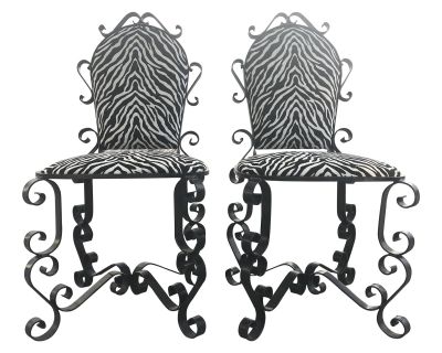 Italian Scroll Wrought Iron Zebra Chairs - a Pair