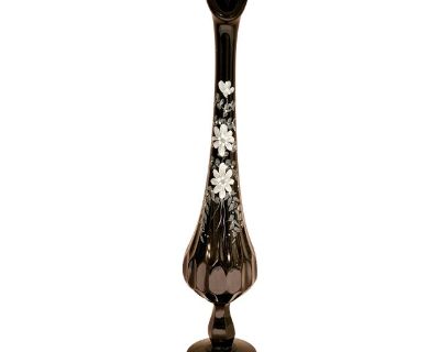 1960s Signed D Barbour Fenton Thumbprint Black Hand Painted Bud Vase