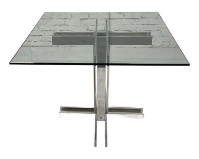 MCM Polished Aluminum Geometric Table Base With Square Glass Top