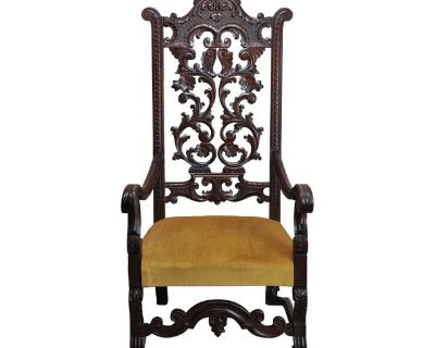 Antique Mahogany Jacobean Acanthus Carved Parlor Throne Circa Mid 19th Century