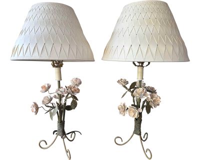 Pair Vintage French Tole Table Lamps With Handmade Shades