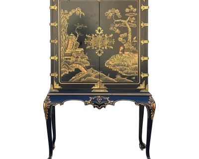Vintage Chinoiserie Black and Gold Graphic Claw Legs Cabinet