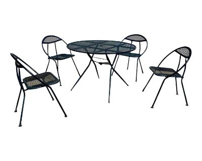 Vintage Mid Century Modern Rid-Jid Folding Metal Patio Table and 4 Hoop Chairs