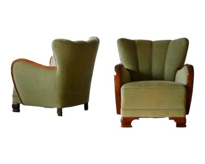 Pair of Mogens Lassen Style Danish 1940s Lounge Chairs With Carved Wood Armrests