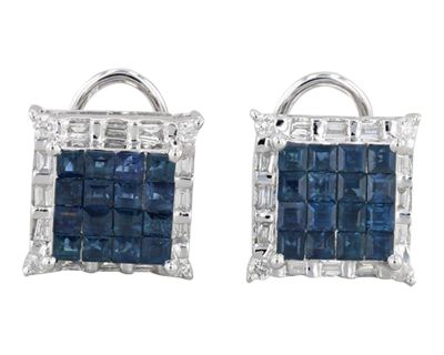 1.62ctw Blue Sapphire Diamond Halo Earrings 18k White Gold Omega Backs - 2 Pieces