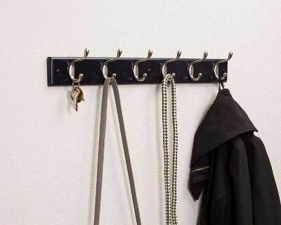 Oval Hook Coat and Hat Rack, 6 Hooks, Wall Mount, Black Finish, Satin Nickel Hook