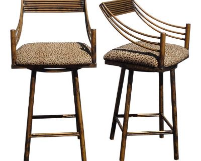 Vintage Pair of Leopard Print Metal Frame Swivel Bar Stools