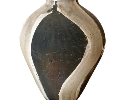 Large Vintage Raku Pottery Vessel, Handmade Ceramic Black/ White Vase, Marked.