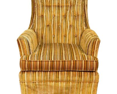 Mid-Century Gold & Green Velvet Striped Tuft Arm Chair