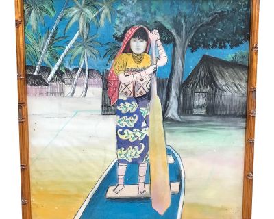 Late 20th Century Original Indonesian Art Featuring a Girl With a Boat and Paddle in a Gold Faux Bamboo Frame