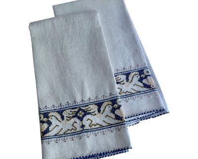Vintage Pair of Hand Embroidered Blue & White Linen "Griffin" Hand Towels