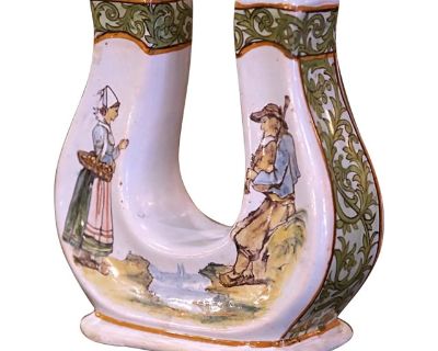19th Century French Painted Faience Porquier Beau Quimper "Horseshoe" Vase