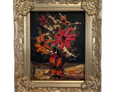 Morris Katz Floral Still Life Oil Painting Palette Knife Technique Gold Frame
