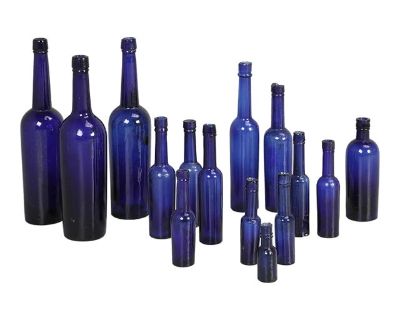 Collection of '15' Cobalt Blue Caster Oil Hand Blown Bottles Made in 1800s