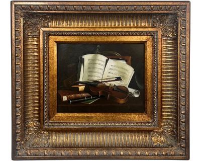 Still Life Violin & Sheet Music Oil on Canvas Signed Hessler, Framed 1900's