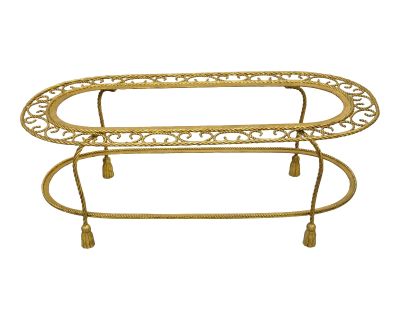 Mid 20th Century Italian Hollywood Regency Gold Gilt Iron Oval 2 Tier Rope Tassel Coffee Table