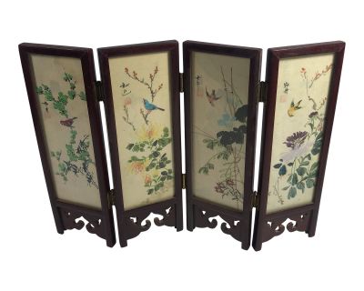 Vintage 1970s Chinoiserie Table Top 4 Panel Screen