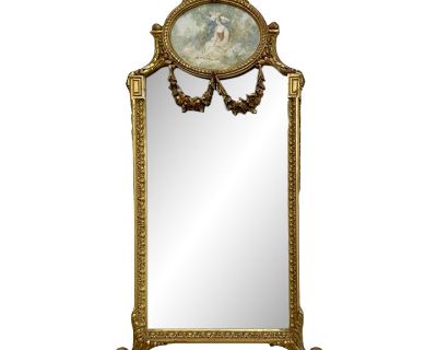 French Neoclassical Style Giltwood Wall / Console Mirror With Oval Artwork