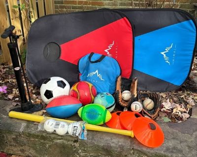 2 gloves, 3 soccer balls, cones, wiffle bat and balls, air pump, baseballs and cornhole game. Check out the pictures at: