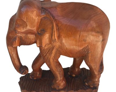 Vintage 1950s Large Boho Chic Solid Teak Wood African Elephant Statue Hand Carved Wood Figurine