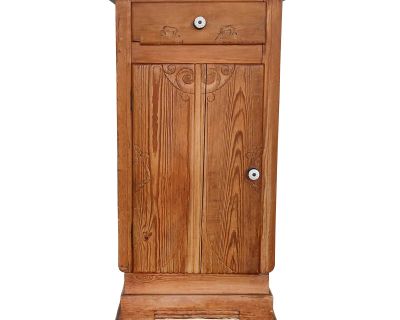 Early 20th Century Antique Rustic Pine Wood and Carrara Marble Side Cabinet