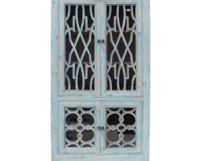 Oriental Shabby Chic Blue Glass China Bookcase Cabinet