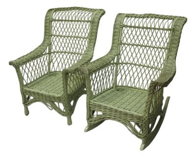 Early 1900s Pair of American Bar Harbor Antique Wicker Chair and Rocker