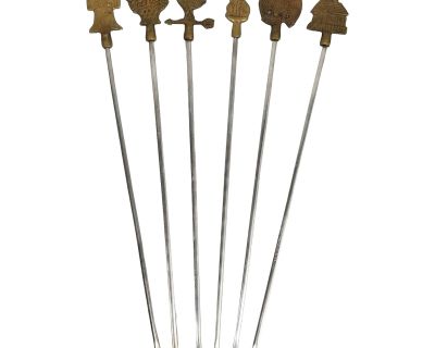 Vintage Mid Century Americana-Themed Brass & Stainless Steel Skewers- Made in India- Set of 6