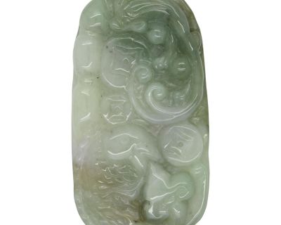 Zodiac Jade Pendant With Flying Dragon Spiral on Money Wave and Longevity Peach