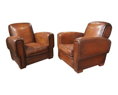 Pair of Large French Art Deco Leather Club Chairs, Circa 1930s