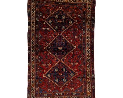 Vintage Shiraz Hand-Knotted Wool Rug in Red With Tribal Pattern