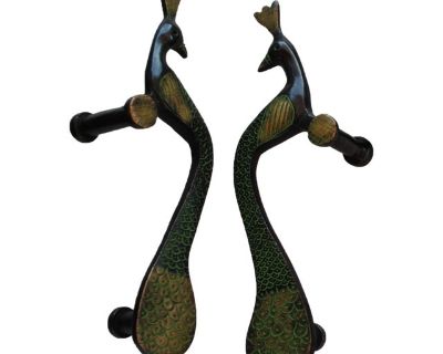 Vintage Handcrafted Peacock Enamel Bronze Door Handles Pulls Set of 2