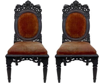 19th-C. George IV Style Moroccan / Anglo-Indian Carved Teak Side Chairs- Pair