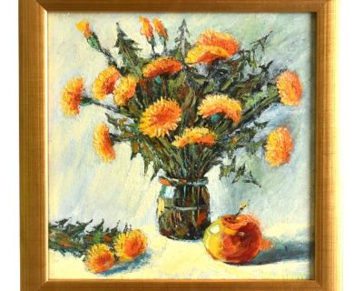 Beautiful Bouquet Flowers Oil Painting Including the Antique Gold Wood Frame