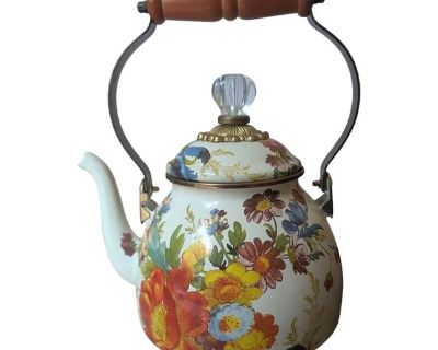 MacKenzie Childs Flower Market Enamel Kettle Floral Design Wood Handle