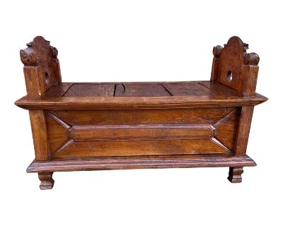 Early 20th Century Antique Carved Teak Dowry Chest or Storage Bench With Top Door