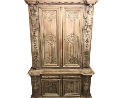 19th Century Monumental French Renaissance Figural Carved Oak Bookcase