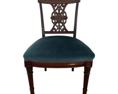 Early 20th Century Antique Carved Wood Side Chair With Teal Velvet Seat