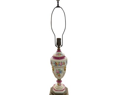 Antique Late 19th Century Victorian Dresden Flowers Style Table Lamp With Reticulated Brass Base