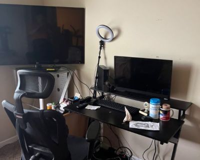 Loft style bedroom comes with furniture (TV, Desk, Bed) and bathroom. Walk in closet. Includes utilities as well as access to food.