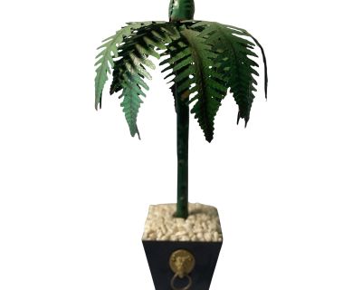 Hollywood Regency Tall Tole Painted Palm Tree Candlestick Holder in Planter