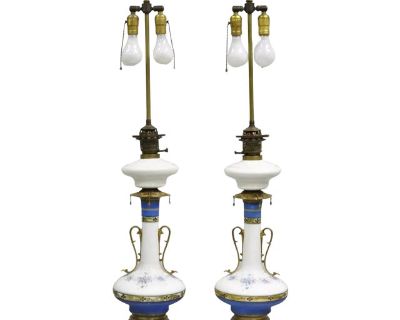 Antique French Victorian Porcelain German Oil Lamp Convert Table Lamp - A Pair