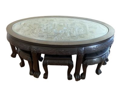 1920s Asian Tea Table With 6 Stools