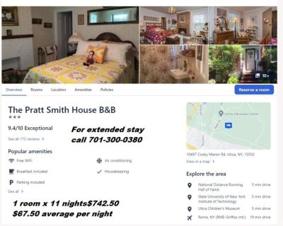 1 room x 11 nights$742.50  $67.50 average per night UTICA NEW YORK extended stay rental 701-300-0380