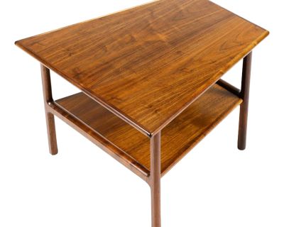 1960s Danish Modern Mid Century Walnut Wedge Side End Table — Figural Grain Pattern — Storage Shelf