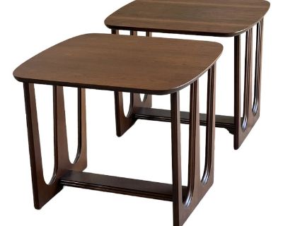 Newly Refinished Mid Century Modern Sculpted Walnut Side Tables - A Pair
