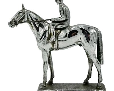 Vintage Equestrian Race Horse Thoroughbred Car Ornament Chrome Plated Jockey