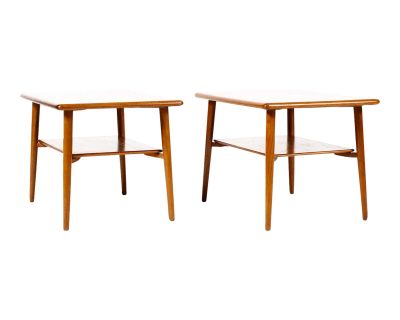 1960s Danish Modern Mid Century Side End Teak Tables —Svend Madsen — Storage Shelf — Pair